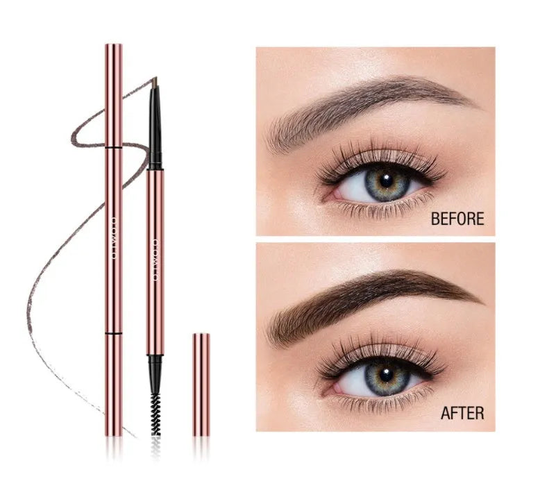 Eyebrow pencil in colour box showing six shade options including Auburn, Blonde, Caramel, Dark Brown, Soft Brown, and Taupe.