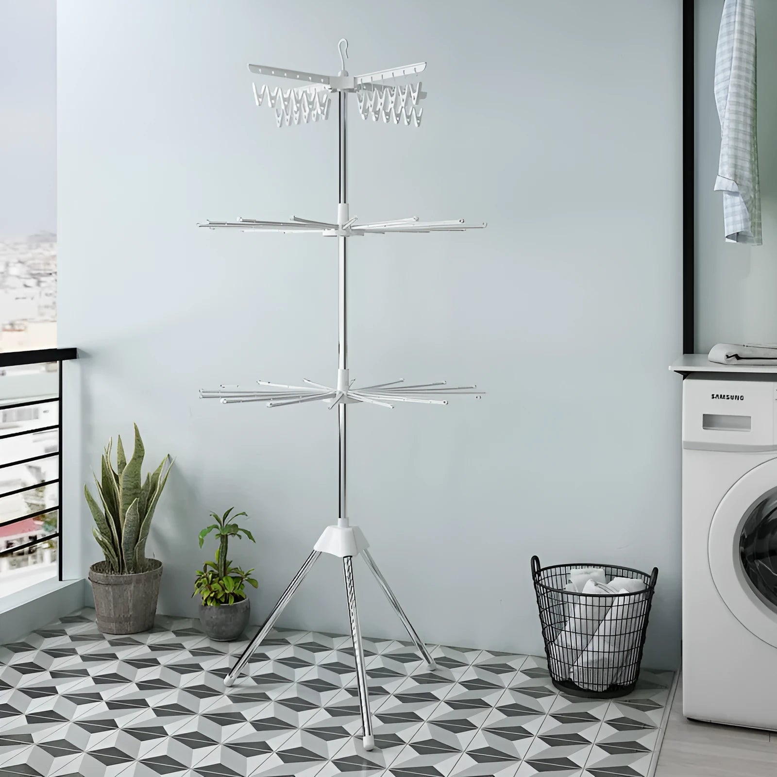 Three-tier stainless steel mobile laundry drying rack with plastic clips and separate clothes hanger