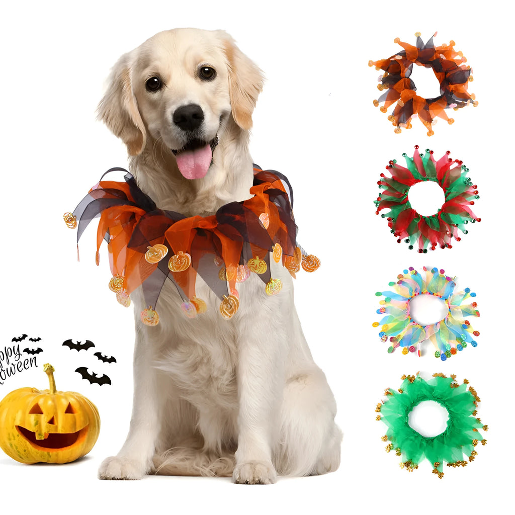 Tie-dye dog collar with Christmas and Halloween patterns in adjustable one-size cloth design
