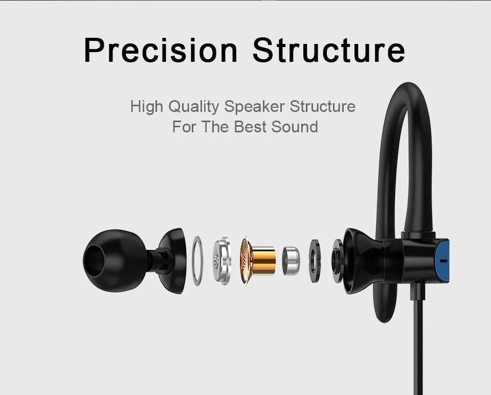 PTM TS27 sport earbuds with black and blue flexible ear hooks and silicone tips for running and gym