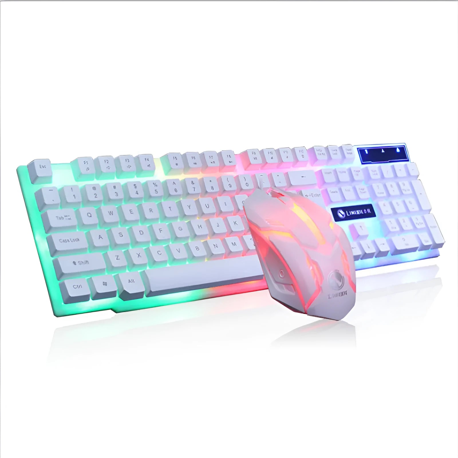 Limei Gtx300 white backlit gaming keyboard and mouse set on desktop