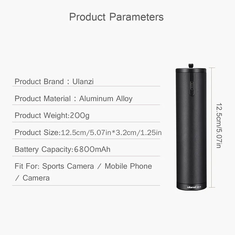 Black aluminium alloy portable power bank with an integrated handle, showing front view with scale.