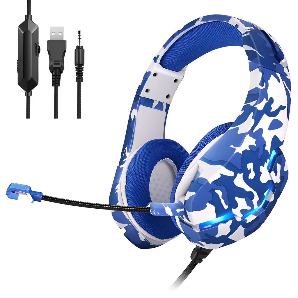 Eat Chicken wired gaming headset in camouflage blue with cloth earmuffs and braided cable