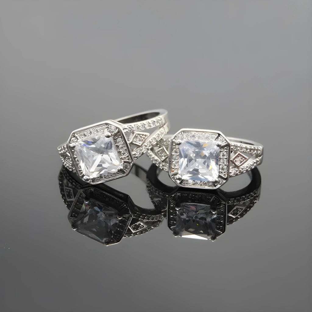 Geometric women's zircon ring with hollow ornament design in platinum colour