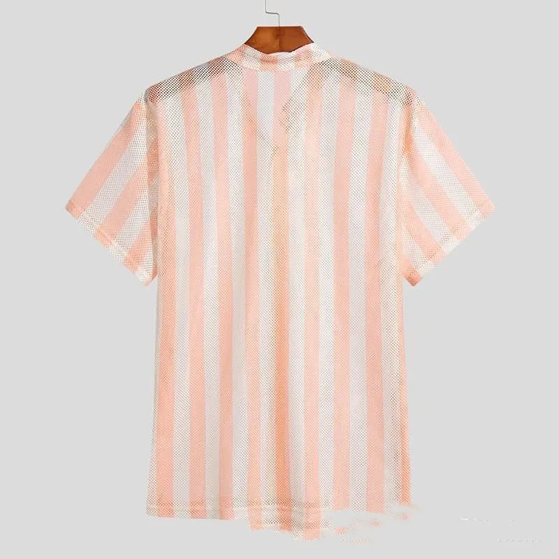 Men's pink waffle texture summer shirt in loose fit cardigan style
