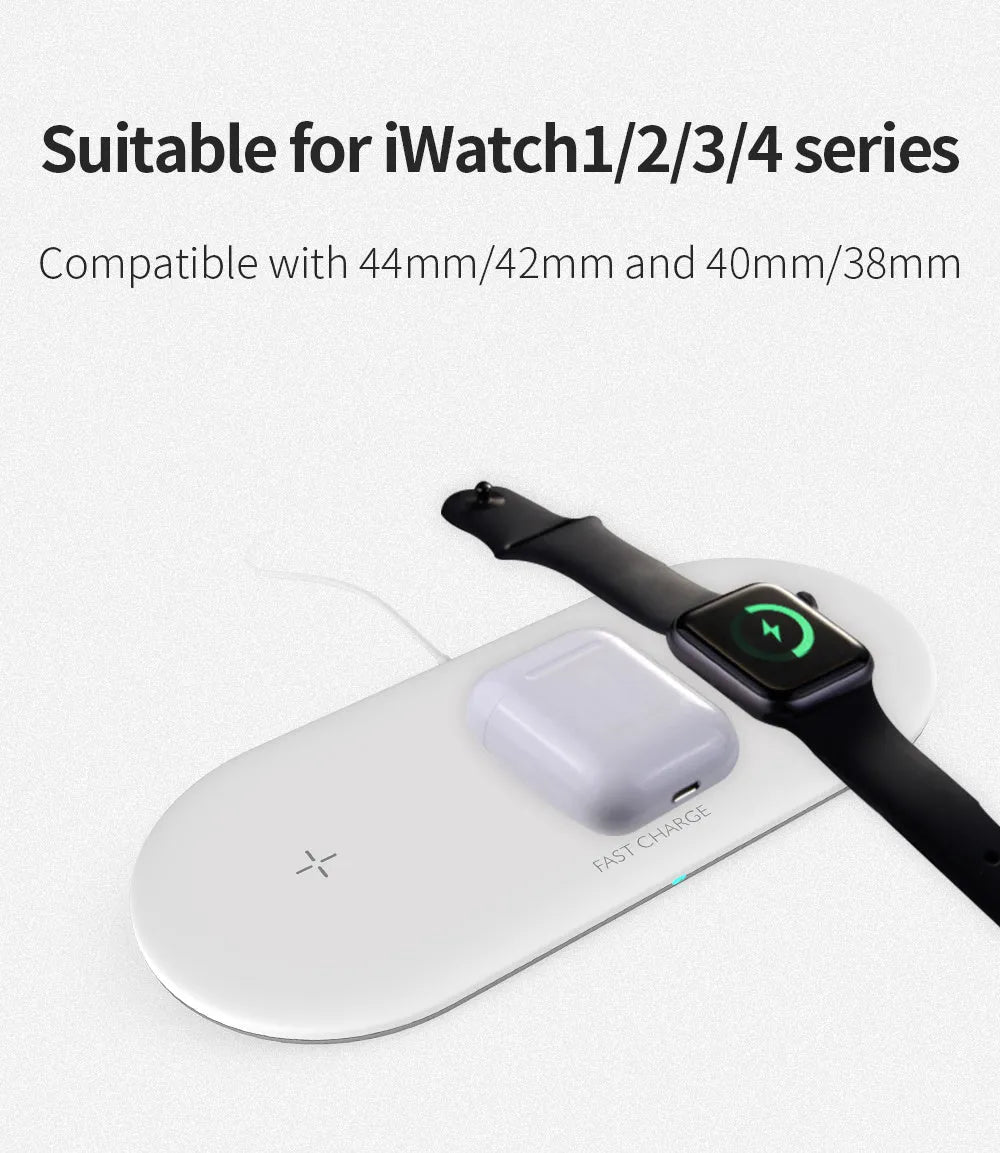 Black or white 3-in-1 wireless charging station for Apple iPhone and iWatch with Qi phone compatibility