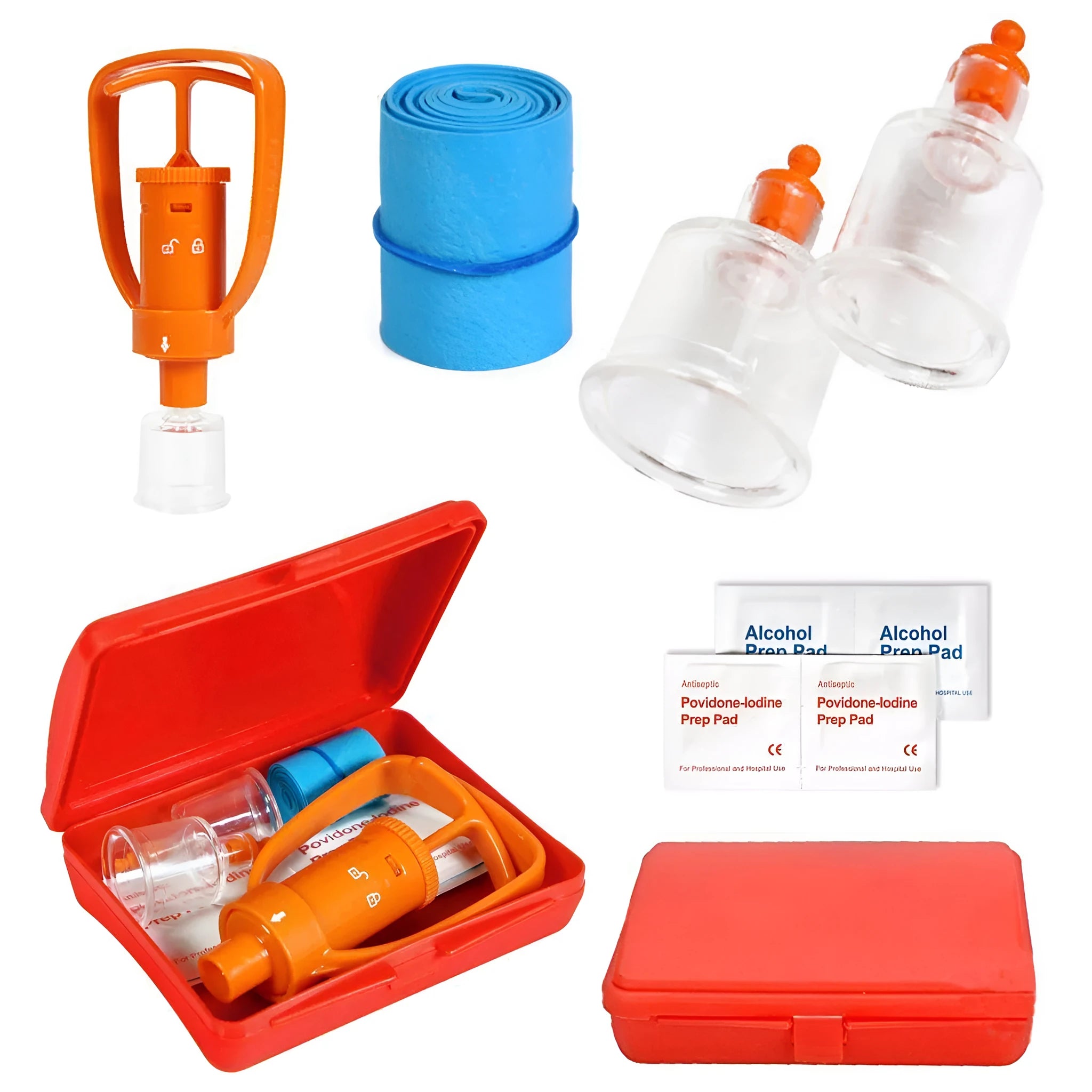 Orange venom extraction suction device with two cup sizes, tourniquet, and first aid swabs in storage box