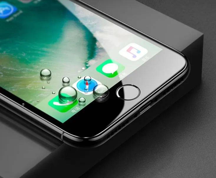 Black and white tempered glass screen protectors with soft edges for various iPhone models.