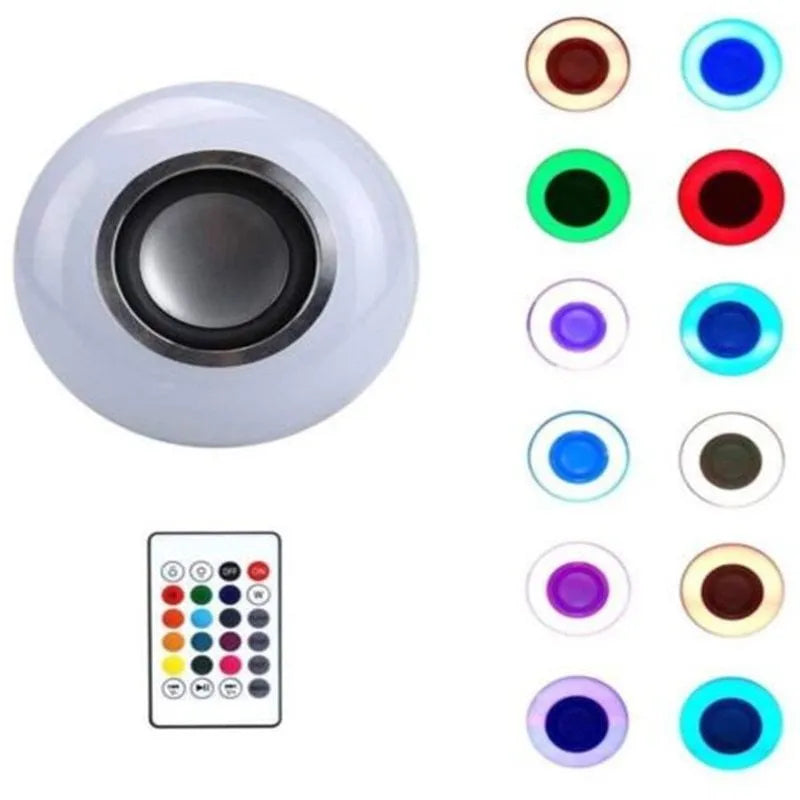 White smart LED bulb with Bluetooth speaker and remote control showing E27 screw base