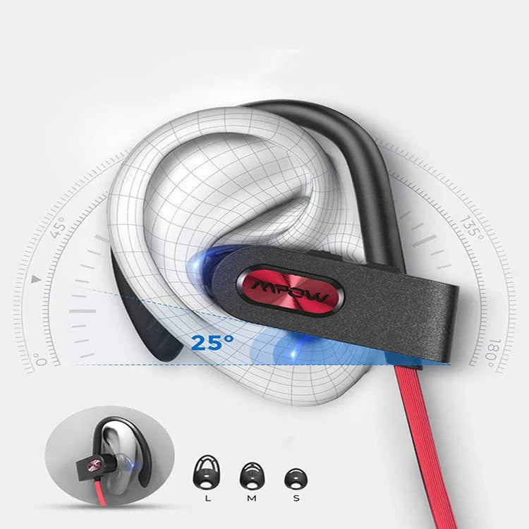 Hanging ear Bluetooth headset in red, black, or pink colour showing over-the-ear hook design.