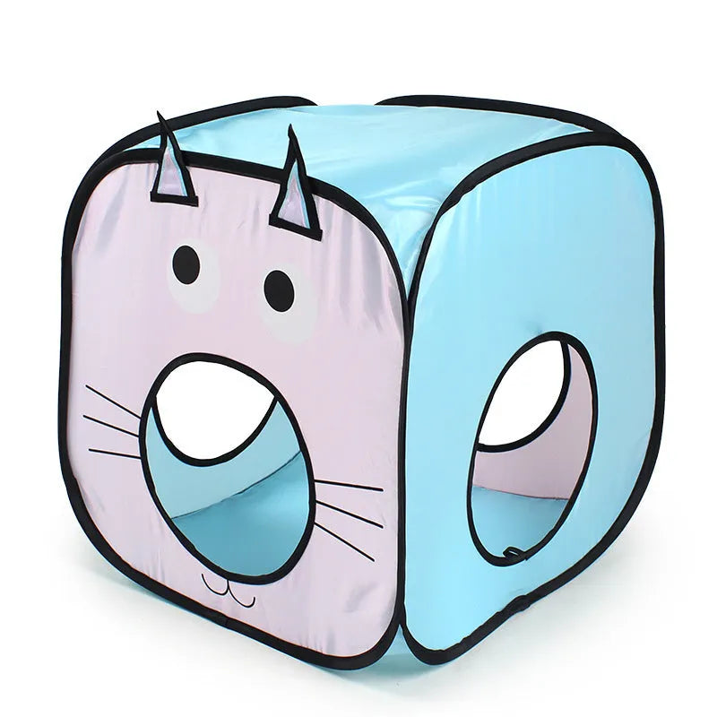 Foldable grey pet tunnel and tent toy with cat and fish design for indoor play.