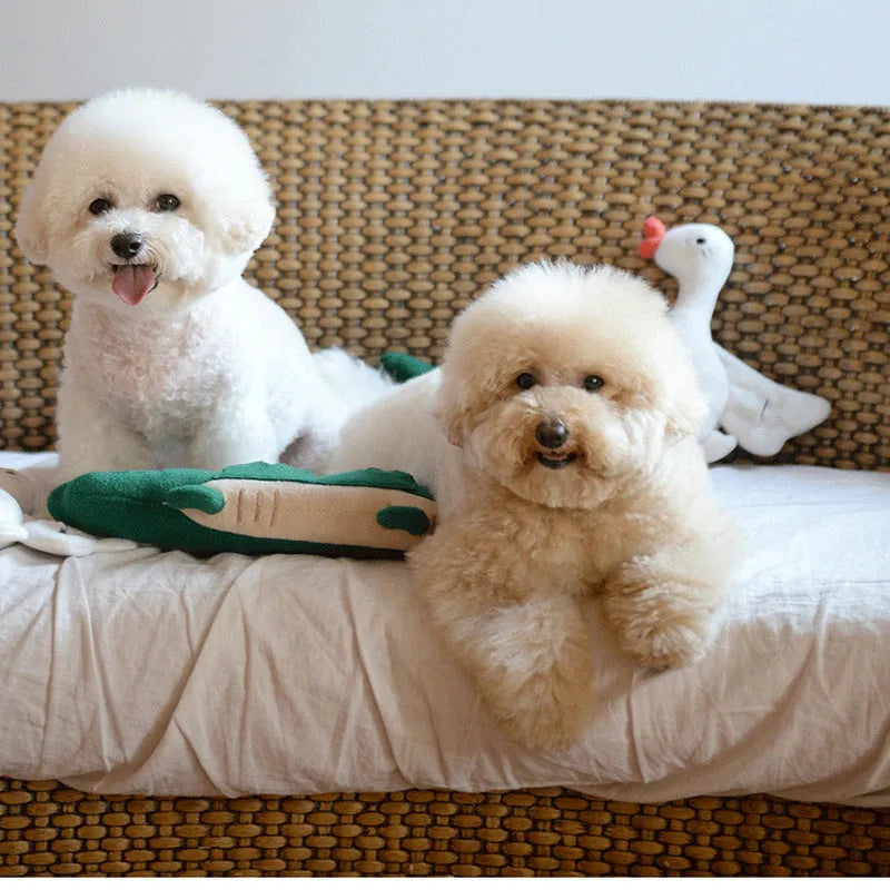 Green soft plush dog toy on a white background, showing its size and texture.