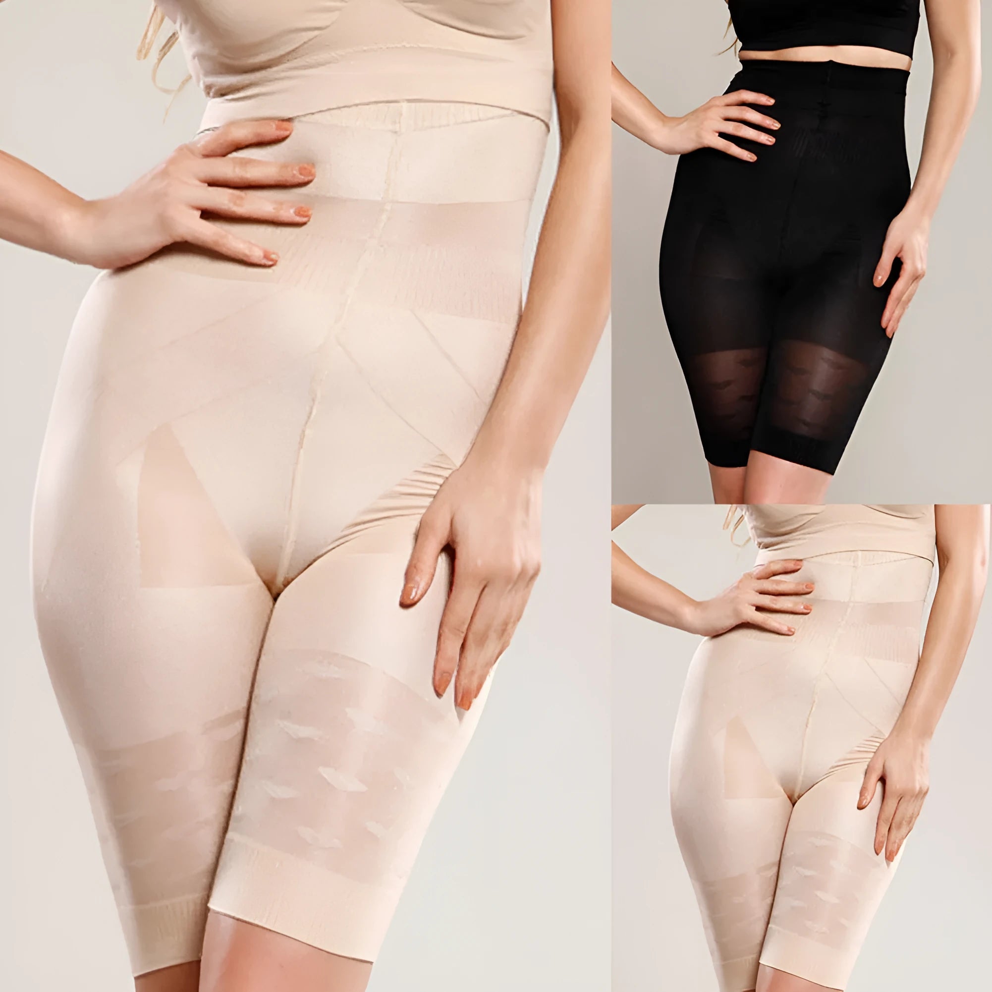 Black seamless high waist shapewear shorts for women laid flat, showing tummy control panel.