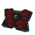 Blue laptop cooling pad with four illuminated fans and two control switches on the front.