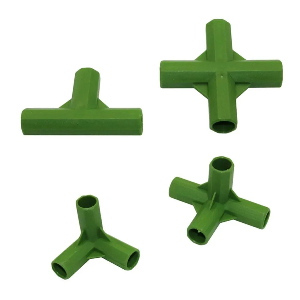 Two white PP plastic plant support connectors for 11mm garden stakes on a green background