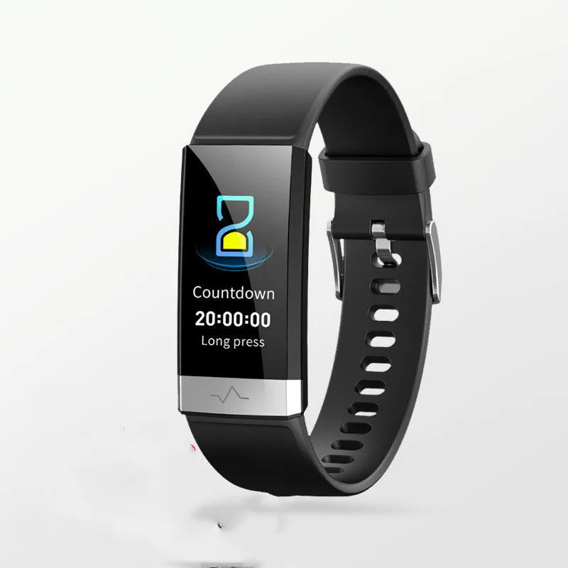 V19 smart bracelet with colour touchscreen showing health metrics on black TPU wrist strap