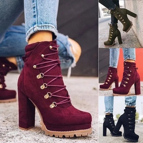 Women's suede thick-heel knee-high boots in army green with rivet details and a round toe.
