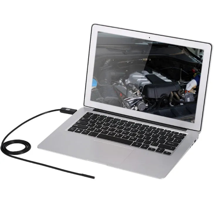 OWSOO USB endoscope with 5m cable, 7mm camera lens, small hook, magnet, and side mirror for phone inspection.