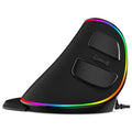 White vertical ergonomic computer mouse with RGB lighting, shown on a desk.