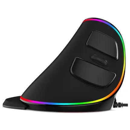 White vertical ergonomic computer mouse with RGB lighting, shown on a desk.