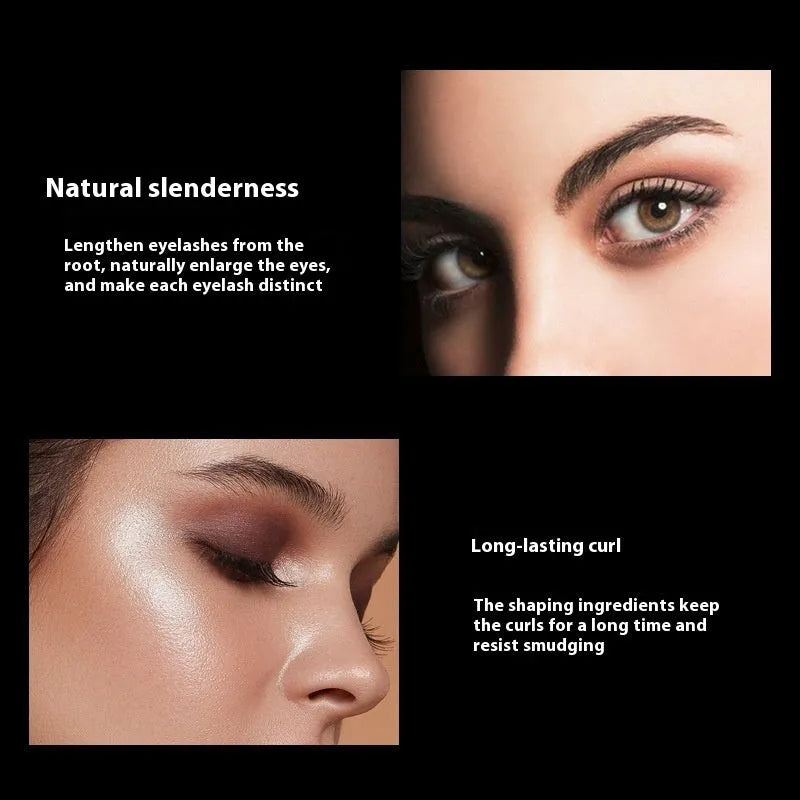 Black waterproof mascara with 4D long thick curling effect and non-smudge formula.