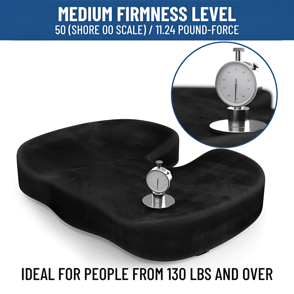 Black flannel covered memory foam seat cushion with U-shaped design for hip support