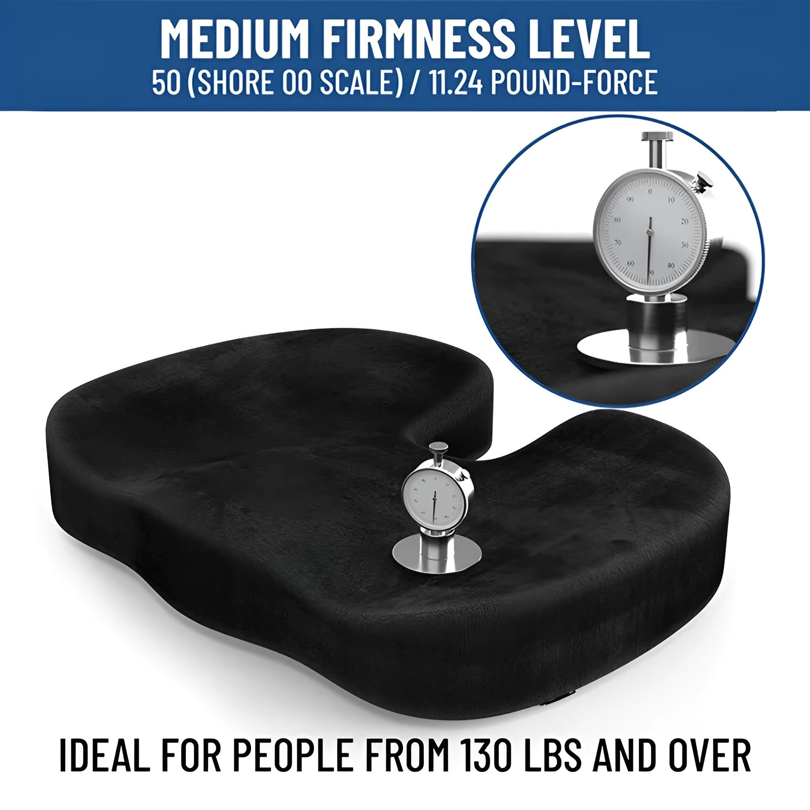 Black flannel covered memory foam seat cushion with U-shaped design for hip support