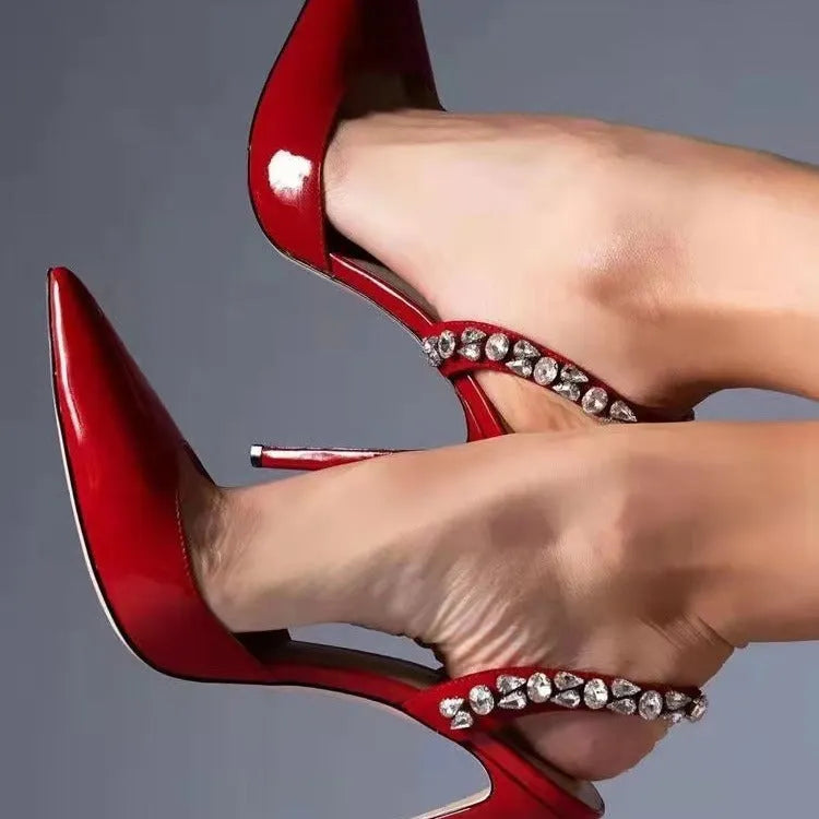 Pointed-toe high-heel sandals with rhinestone side detailing in patent leather colours