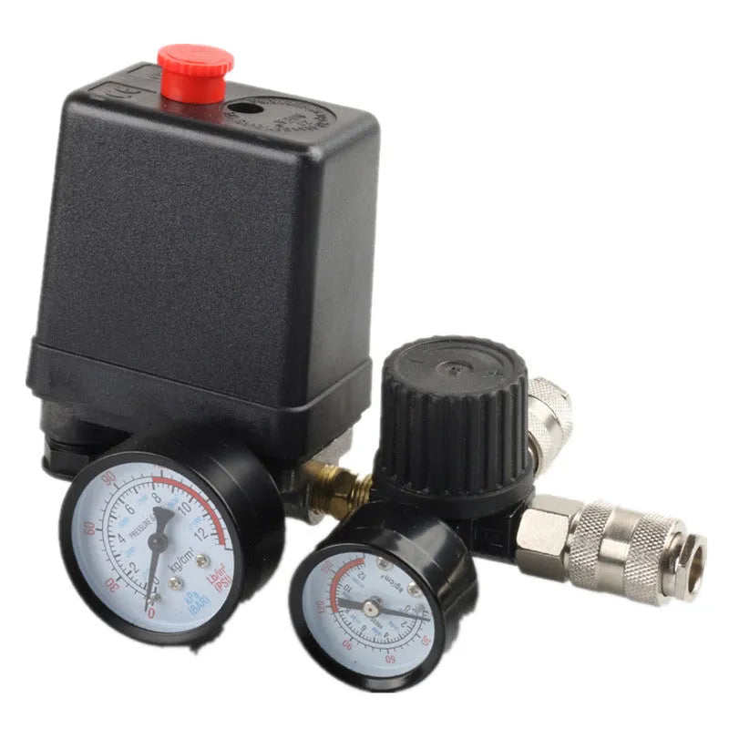 European-style air compressor pressure regulating valve with switch box showing electrical connections and pressure ports
