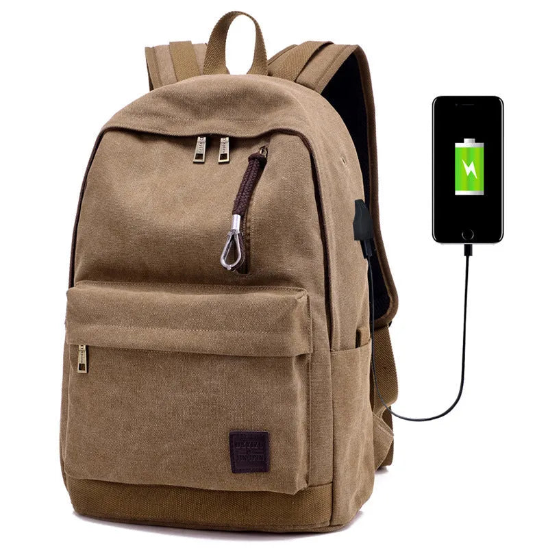Canvas backpack with USB charging port and computer pocket in multiple colour options
