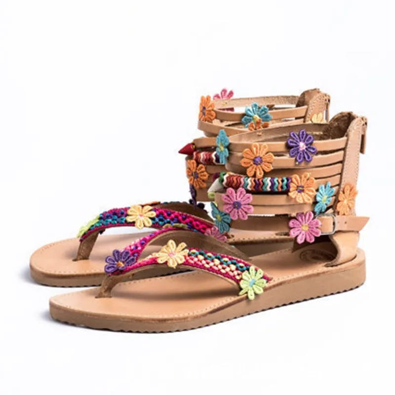 Ethnic beaded petal sandals with Roman shoe design and floral decoration
