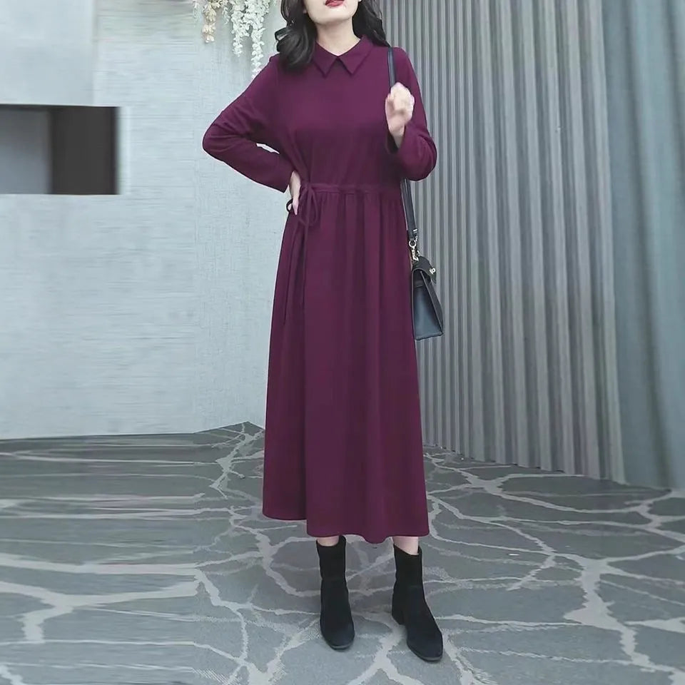 Purplish red plus size women's dress with extra long sleeves and long skirt length
