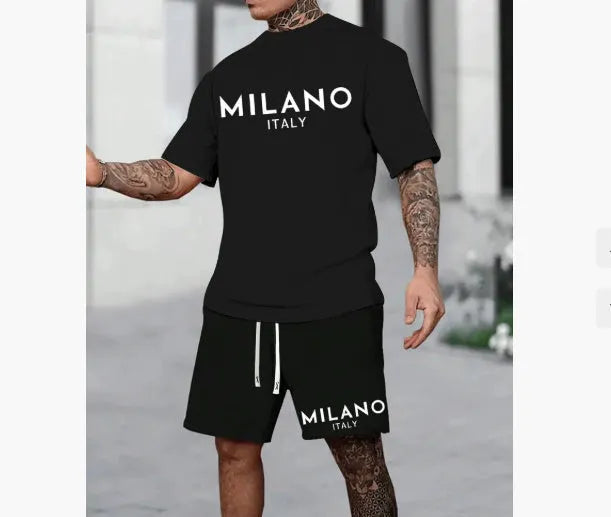 Men's short sleeve pullover top and matching shorts suit set in polyester fabric.