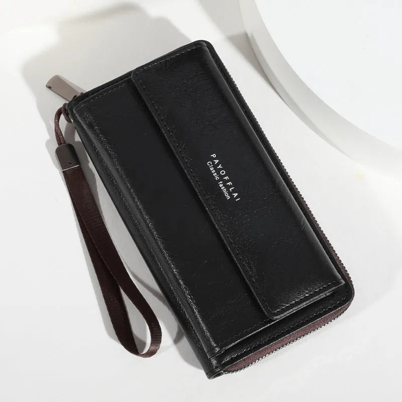 Men's long black PU leather wallet showing multiple card slots, laid flat to show 19cm length