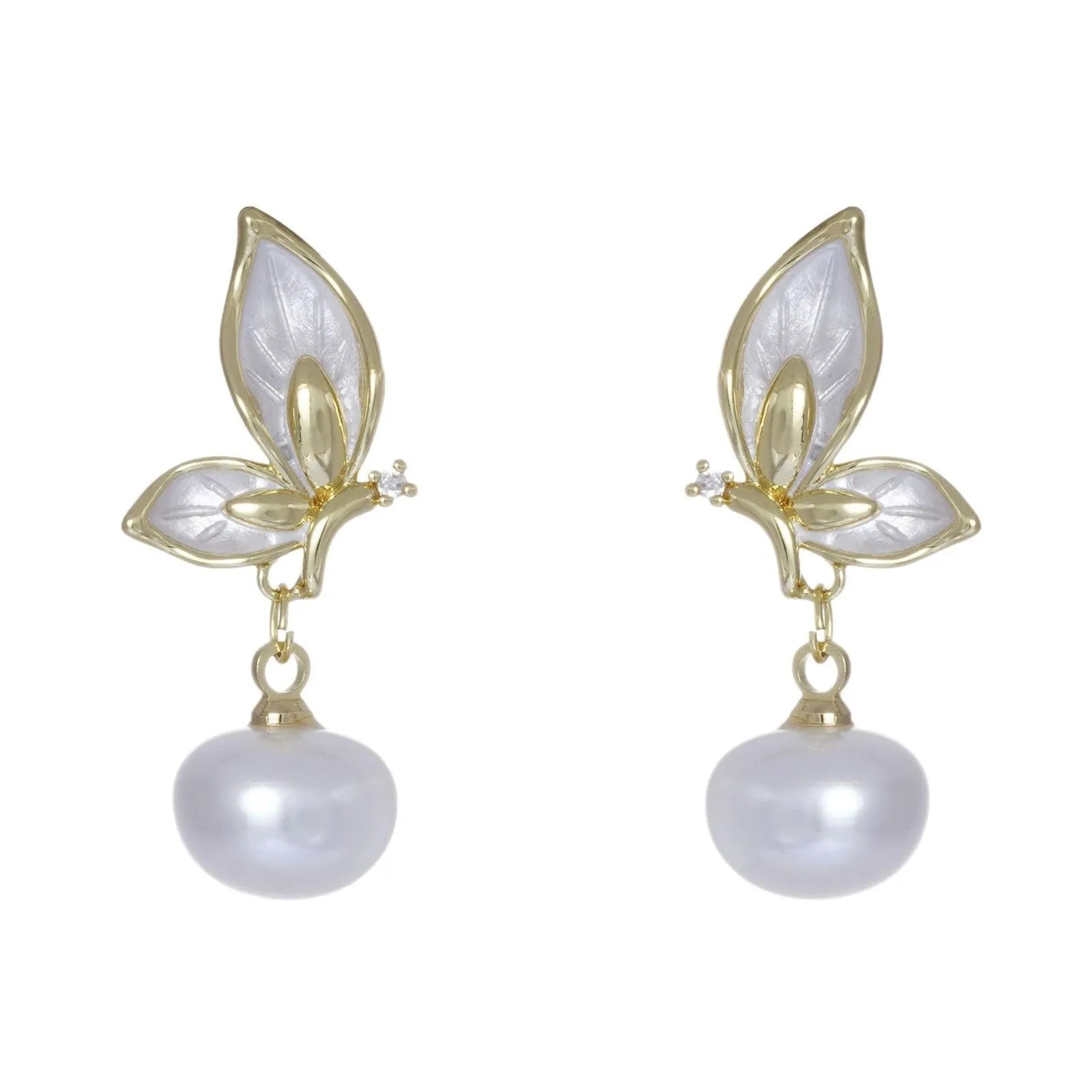Women's butterfly earrings with zircon painting on copper, electroplated gold tone finish