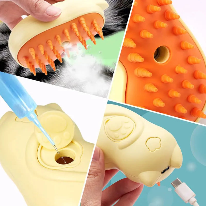 3-in-1 steam grooming brush for cats and dogs on a white background, showing ergonomic handle.