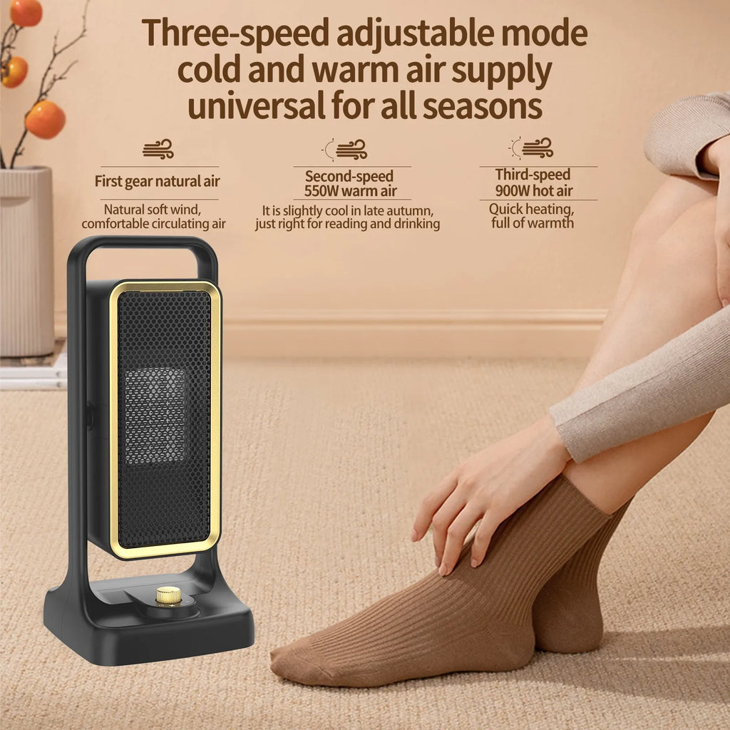 HQ-500A black PTC ceramic desktop heater on a wooden table showing control knob.