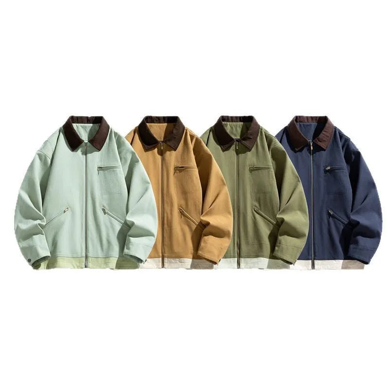 Man wearing a mint green loose-fit Korean style retro workwear jacket with contrast lapels.