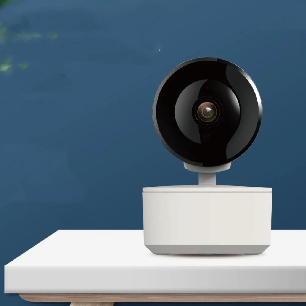 Indoor Wi-Fi security camera with pan-tilt capabilities showing 1080p HD resolution and night vision features