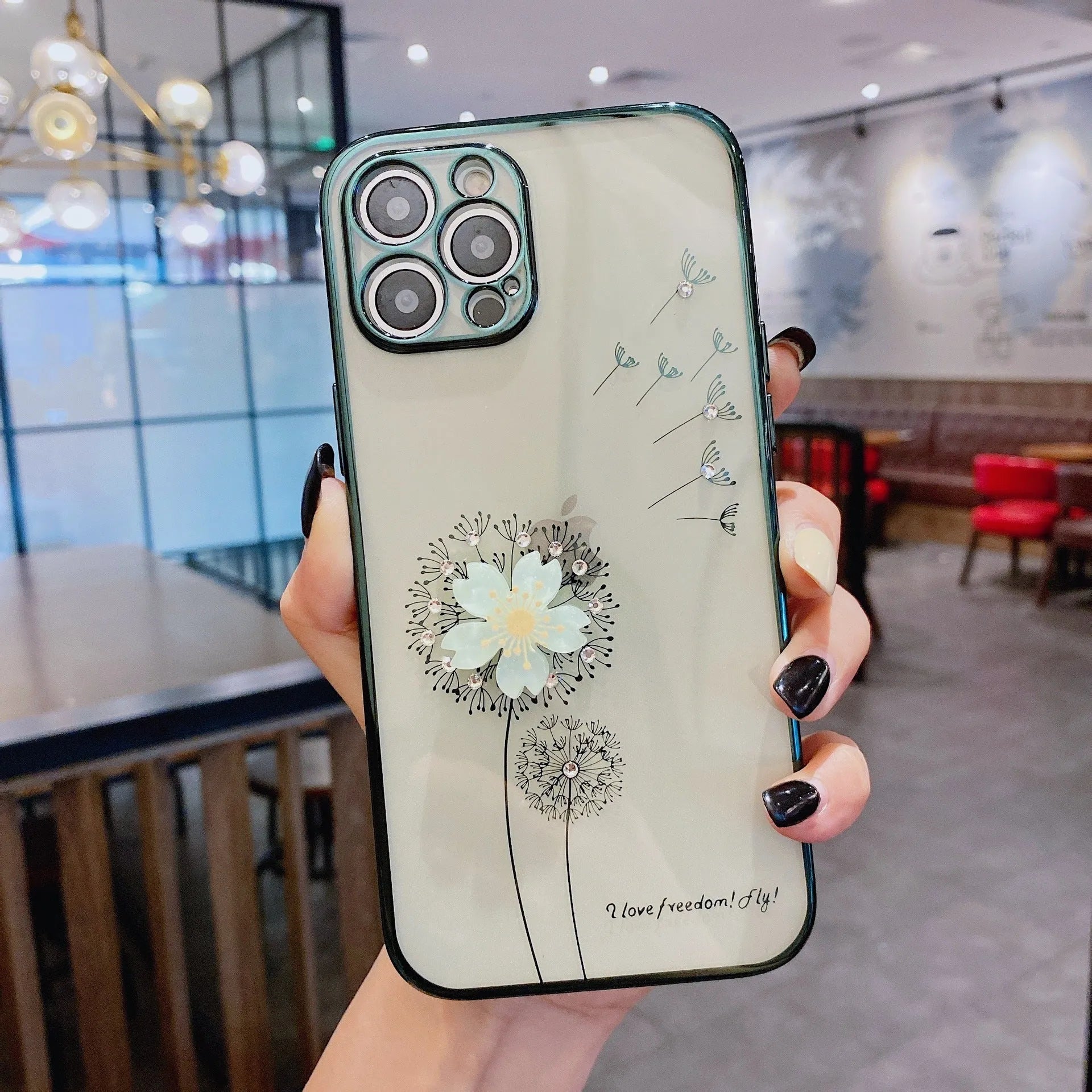 Green 3D flower design iPhone case with built-in spin stand holder and screen protector
