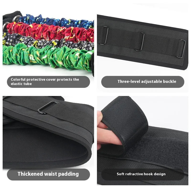 Chest expander elastic belt with red, blue, black, and green resistance sleeves indicating 100lb to 300lb TPE tube.