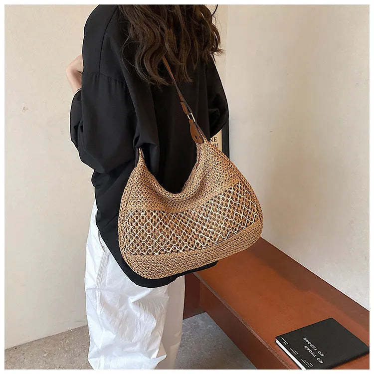 Women's casual straw cross body bag with sandwich pocket in khaki colour