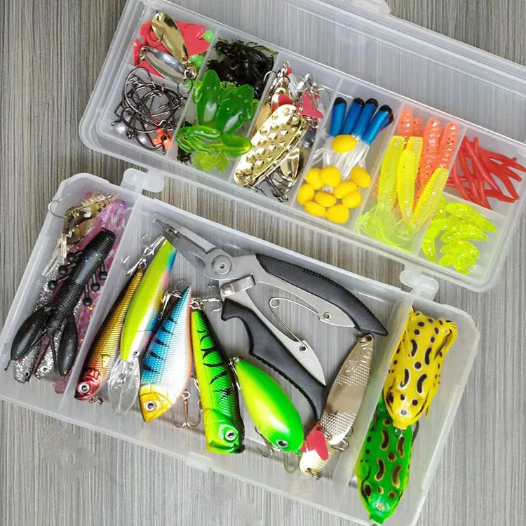 142-piece fishing lure set showing hard minnow lures, metal sequins, plastic superbait, and fishing pliers