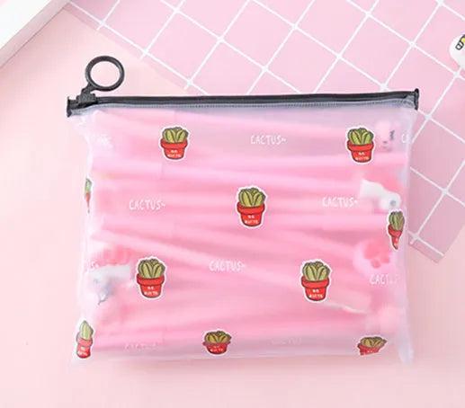 Twenty colourful cartoon cactus design 0.5mm black ink pens in plastic storage case measuring 21 by 17 centimetres