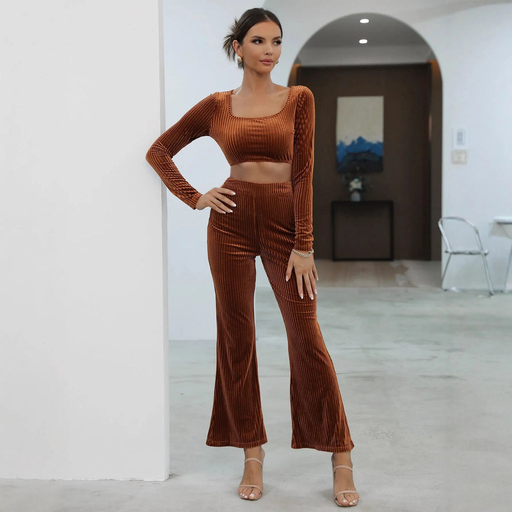Caramel coloured long sleeve sweater set with matching top and trousers