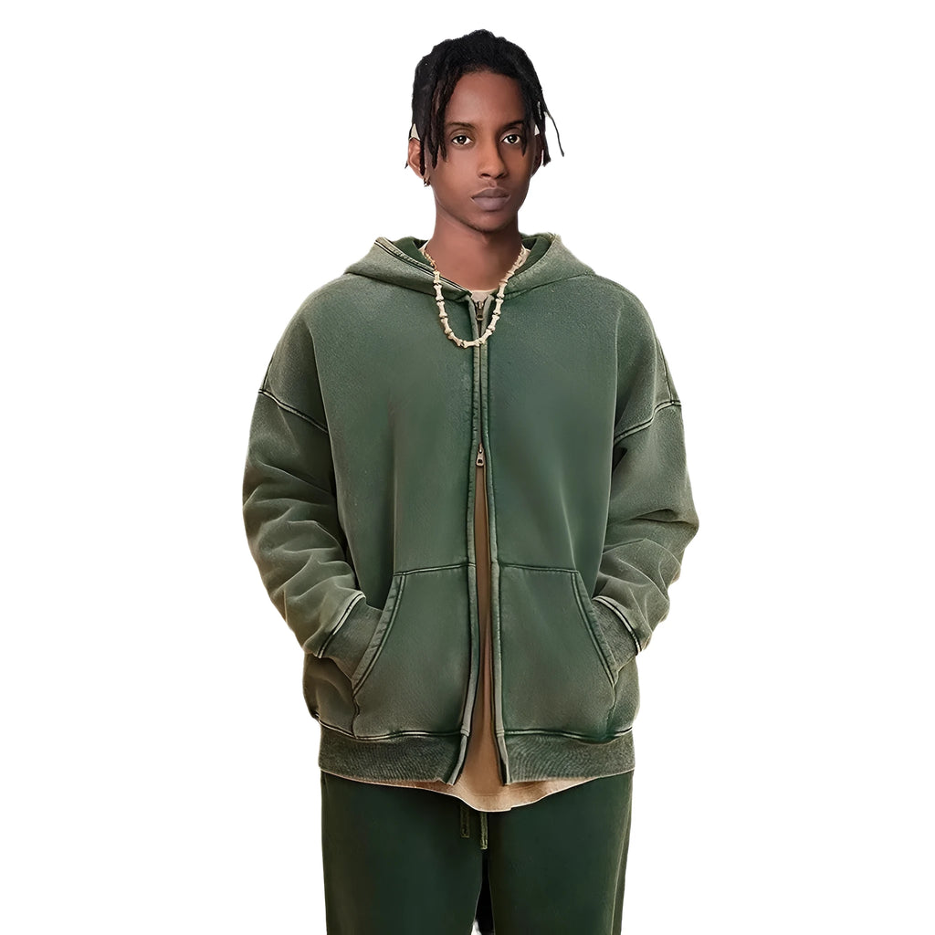 Men's hooded cardigan in cotton with fleece lining and a double zipper, shown in dark green colour