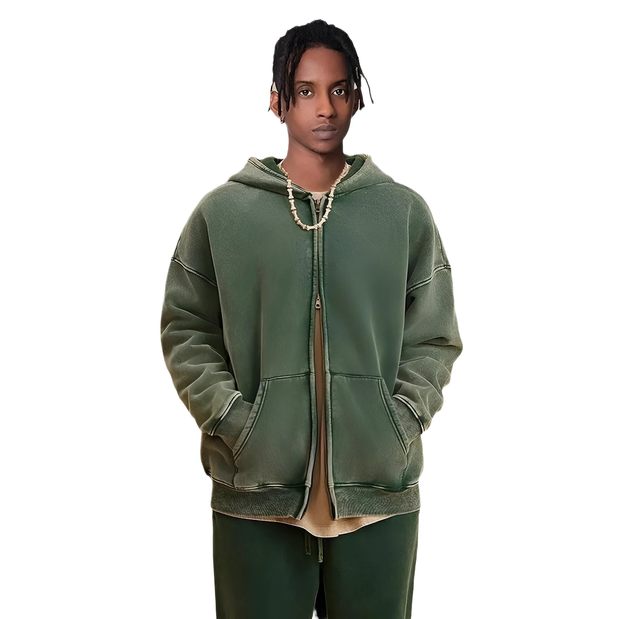 Men's hooded cardigan in cotton with fleece lining and a double zipper, shown in dark green colour