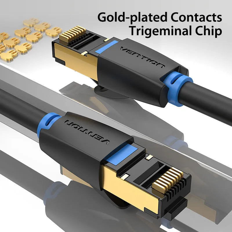 CAT8 shielded Ethernet network cable with RJ45 plugs, shown in flat and round style options in various lengths.