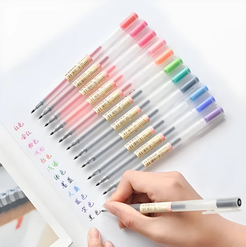 Muji gel pen 12-piece set with 0.5mm nibs showing black ink pens