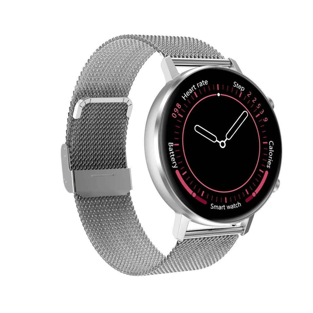 DT96 smart fitness bracelet with steel strap on a wrist, showing the 1.3-inch display.
